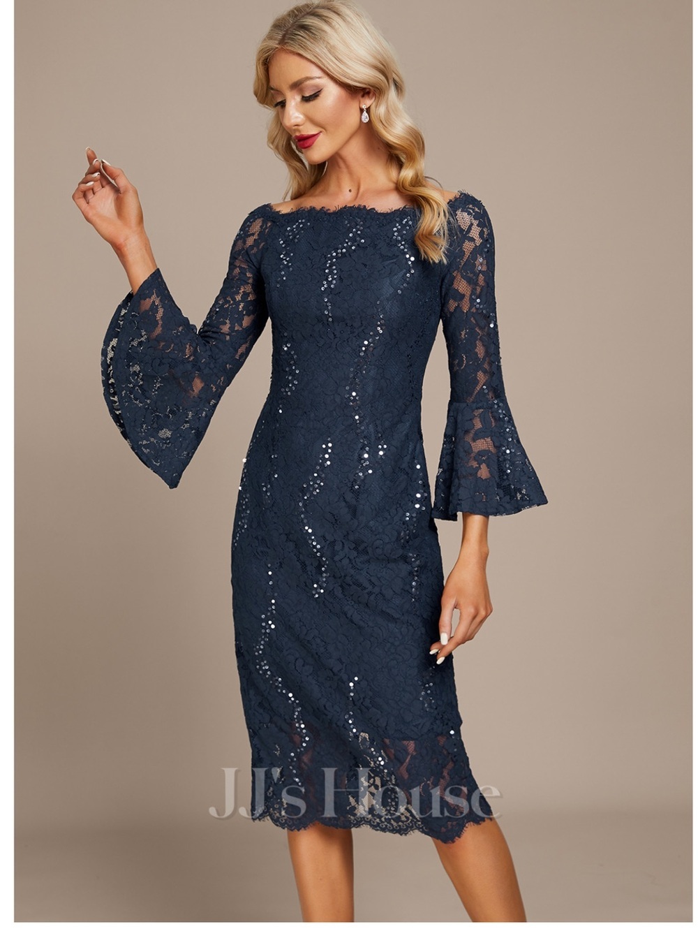 JJs House Navy Lace Midi Dress with Sheer Three-Quarter Sleeves